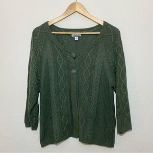 Green cable knit 3/4 length cardigan sweater